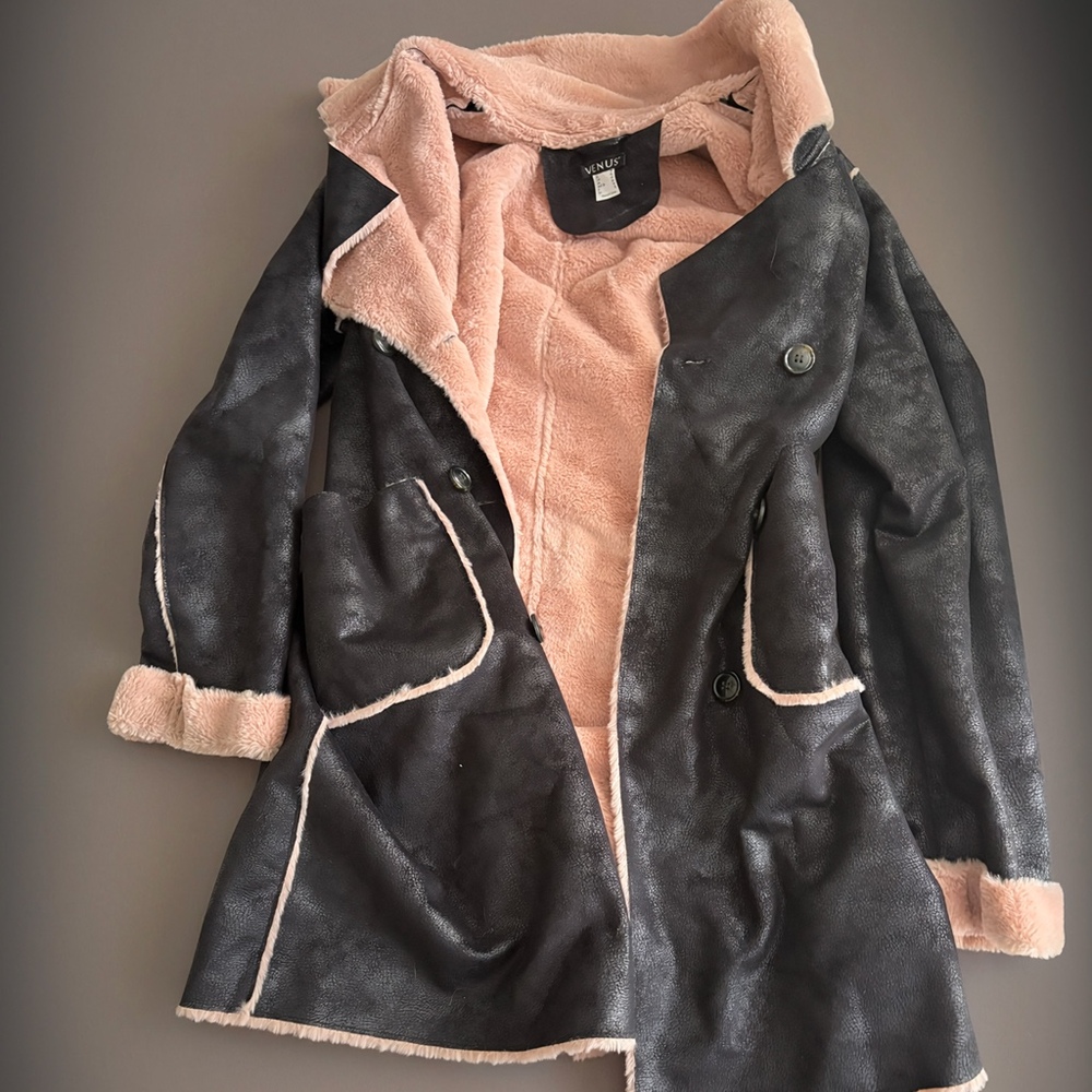 VENUS Y2K Penny Lane Faux Shearling Coat Dark Chocolate Peach Hooded Size 18